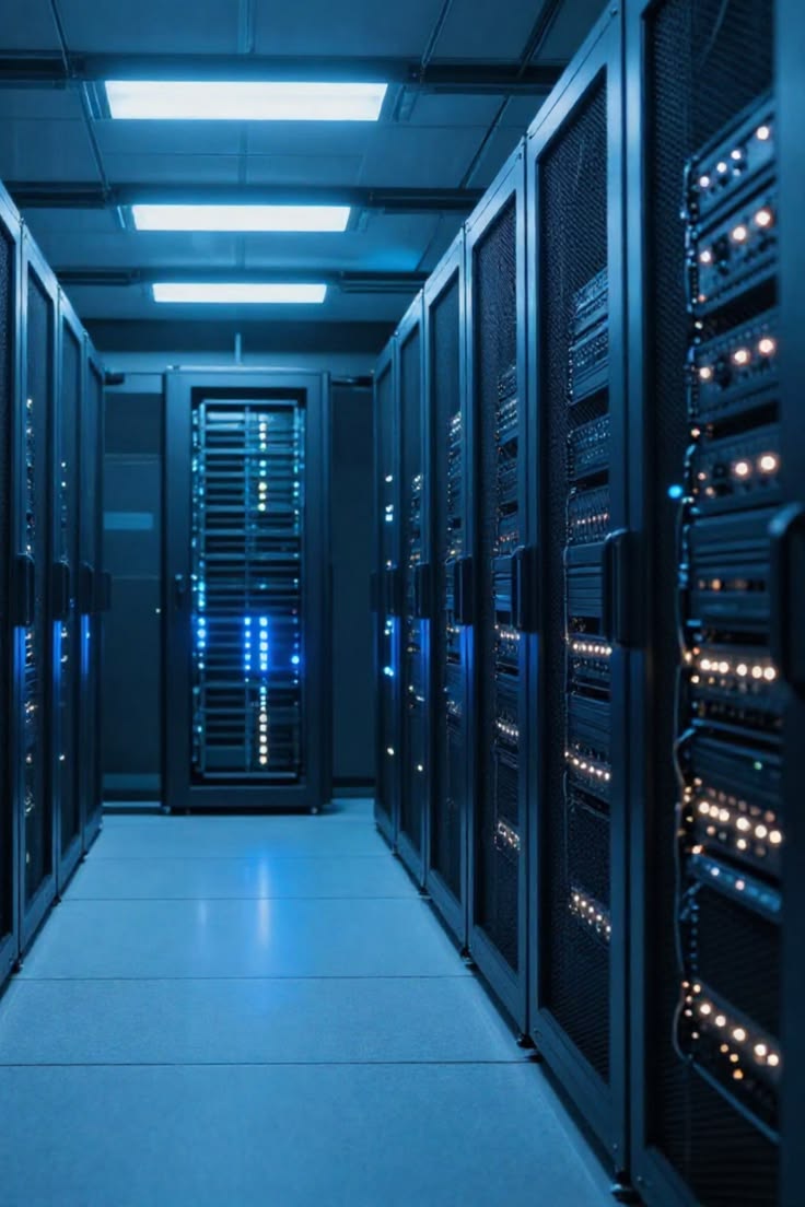 Rows of blue-lit data center servers