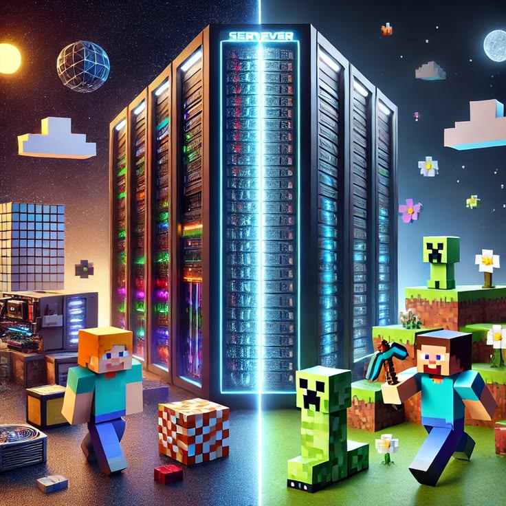 Minecraft characters beside colorful server hardware