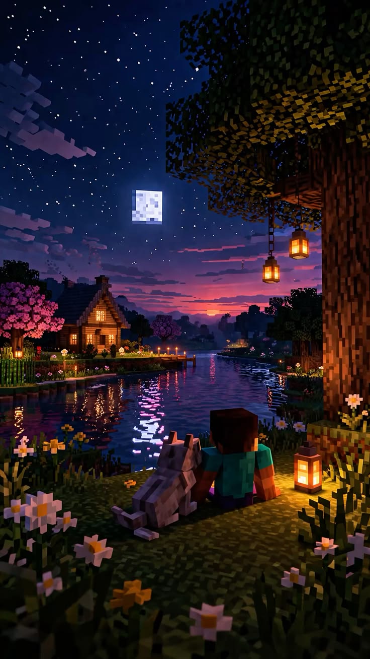 Minecraft character and wolf beside a lake at night