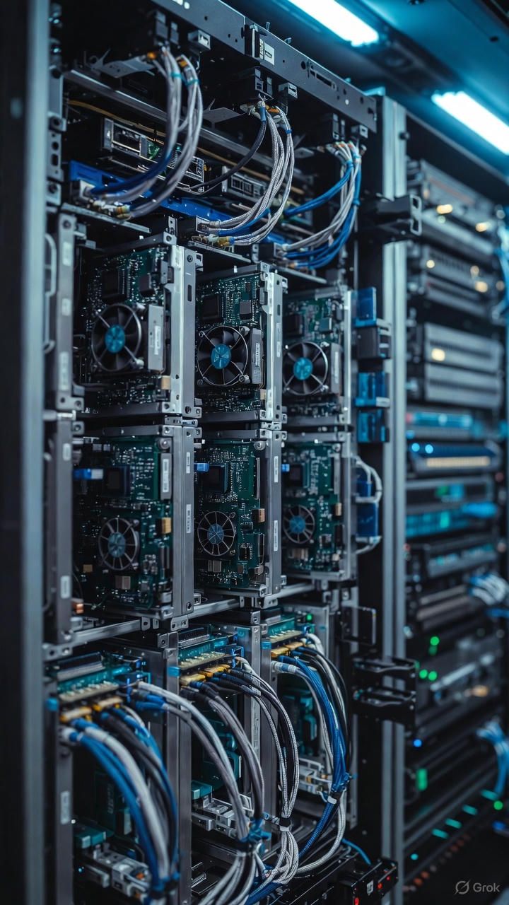 Close up of server hardware and network cables
